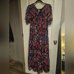 VENUS VNeck Sheer Paisley Floral Print Summer Maxi Dress in Navy Coral Size S
